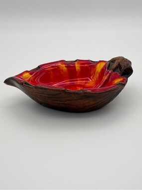 1962 Treasure Craft Leaf Trinket Dish, Red Drip Glaze